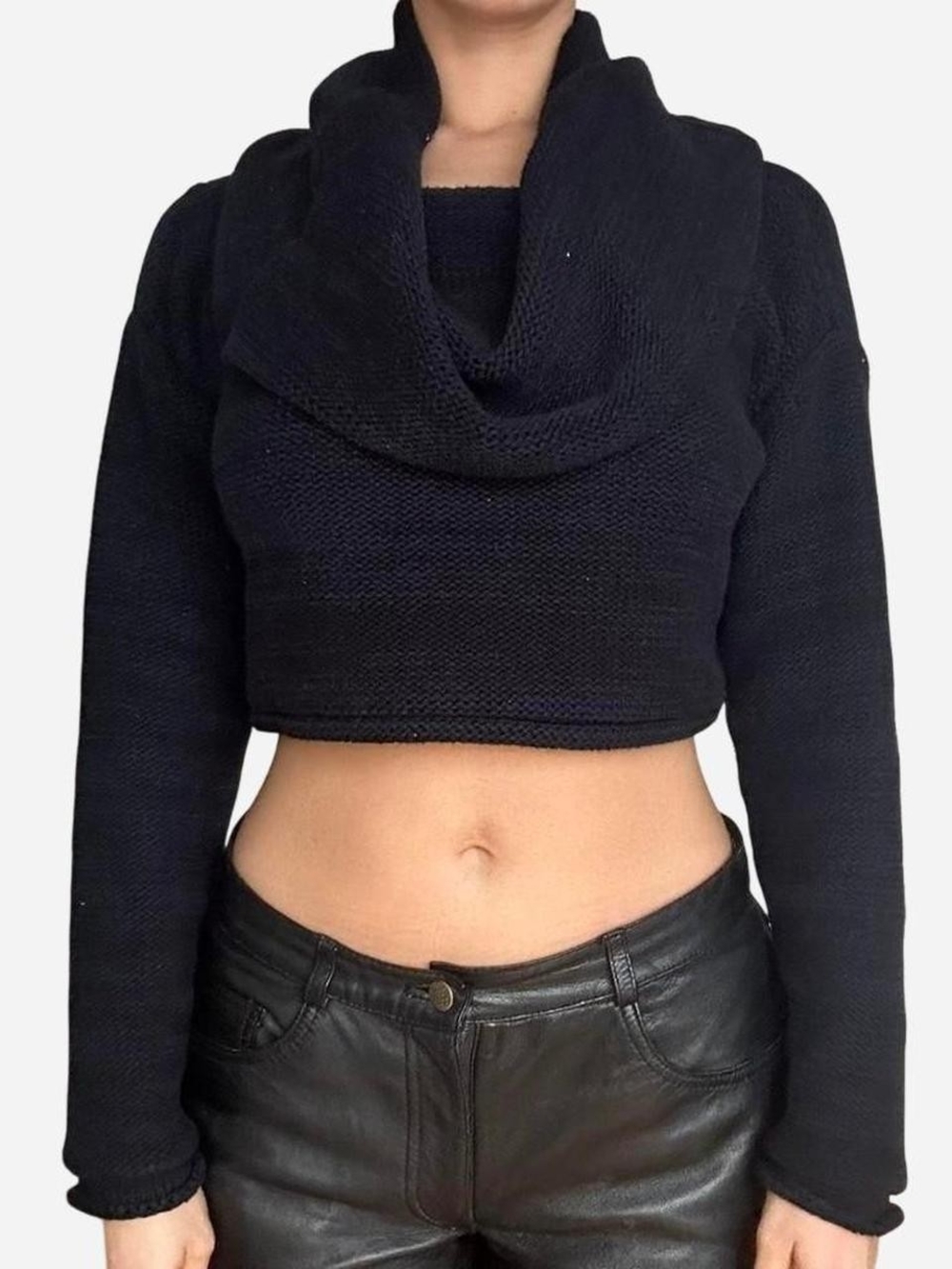 Cowl Neck Cropped Knit Sweater - Navy Black